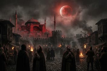 Dark Constantinople cityscape with lunar eclipse and red light